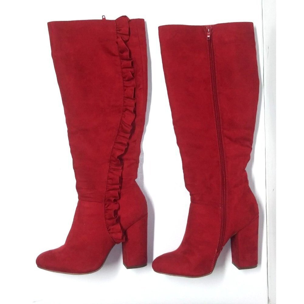 Women’s Red Tall boots vegan leather US 5.5 UK 3.5 ruffled ZIP high heels NIKKI
